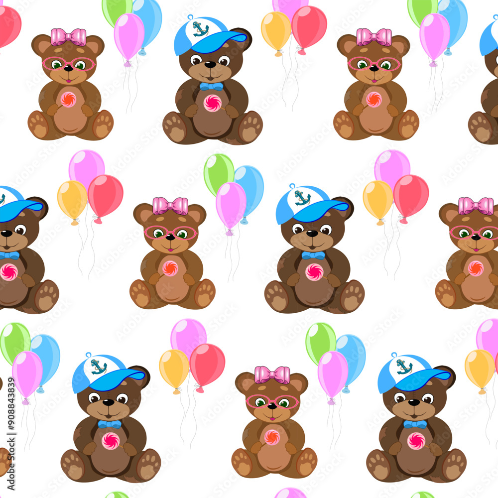 Fototapeta premium Toy bear cubs in a pattern.Vector seamless pattern with teddy bears and balloons on a transparent background.