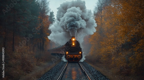 Old-Fashioned Steam Train on Tracks with Smoke and Blurry Motion photo