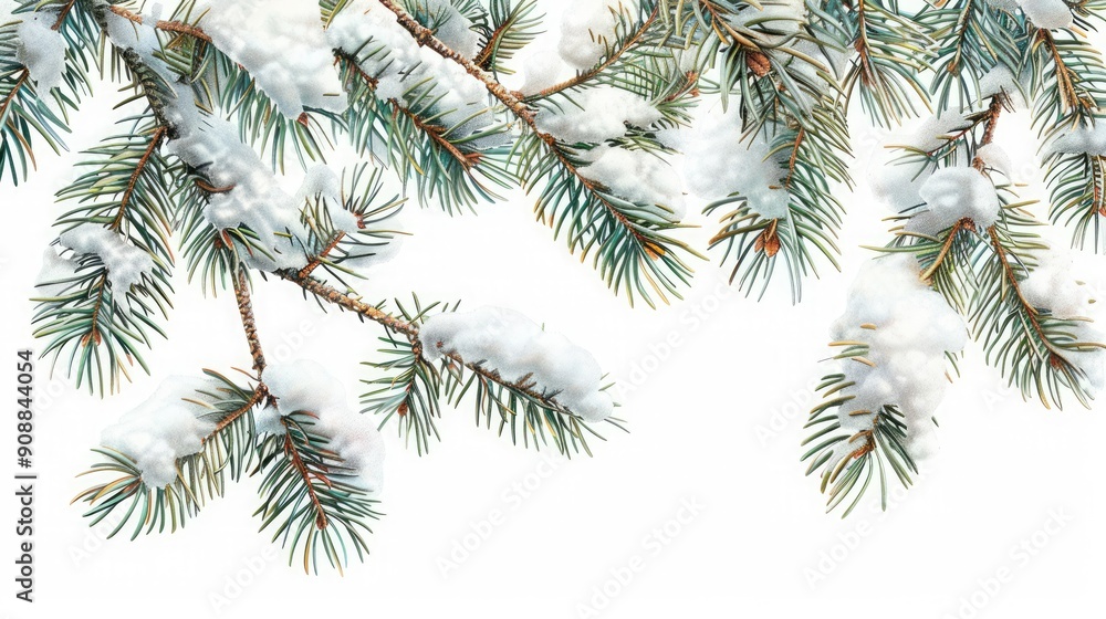 A snow covered pine tree branch with snow on it A snow covered pine tree branch with snow on it