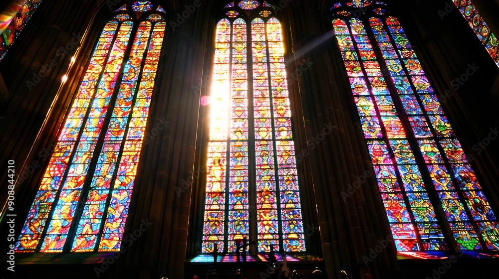 Colorful stained glass windows in the grand cathedral at noon. Contrasting, vivid colors emphasize the artistic craftsmanship and meaning of stained glass creating a beautiful and spiritual background Colorful stained glass windows in the grand cathedral at noon. Contrasting, vivid colors emphasize the artistic craftsmanship and meaning of stained glass creating a beautiful and spiritual background