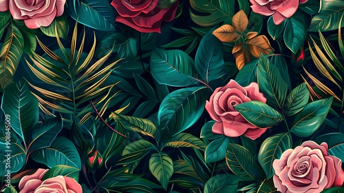 Lush Tropical Floral Pattern with Roses and Green Foliage photo