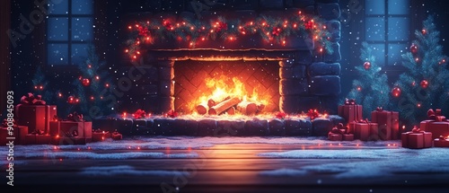 Cozy holiday fireplace decorated with lights and gifts, creating a warm festive atmosphere for winter celebrations.