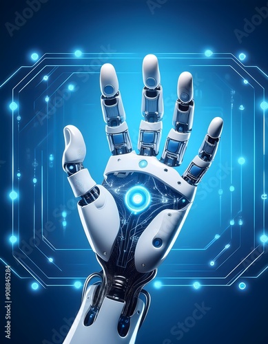 Robotic hand on a digitally inspired blue background photo