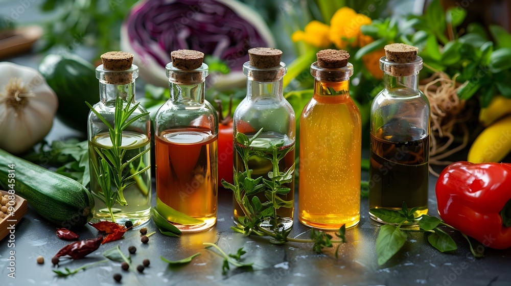 Glass Bottles with Concentrated Vegetable Extracts on Minimal Studio Setup Glass Bottles with Concentrated Vegetable Extracts on Minimal Studio Setup