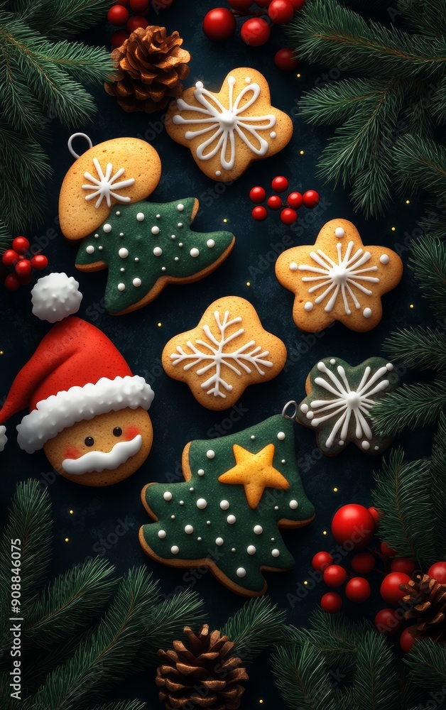 Delightful Christmas cookies decorated as trees, stars, and a Santa face, surrounded by festive greenery and holiday ornaments. Delightful Christmas cookies decorated as trees, stars, and a Santa face, surrounded by festive greenery and holiday ornaments.