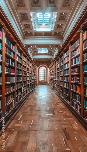 Wallpaper Mural There is a long hallway filled with bookshelves situated in a library Torontodigital.ca