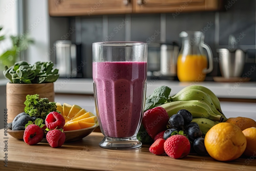 a refreshing smoothie being blended with a variety of fruits and vegetables in a bright kitchen a refreshing smoothie being blended with a variety of fruits and vegetables in a bright kitchen