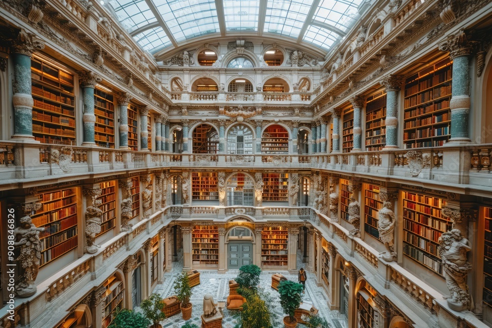 Obraz premium A large building with many bookshelves and a stunning glass ceiling