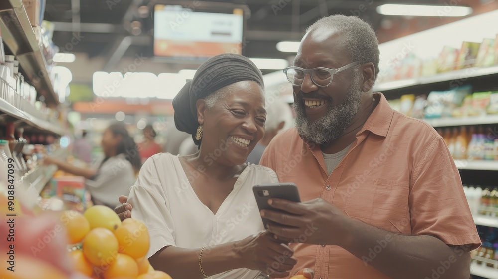 A joyful elderly couple shares a laugh while looking at their smartphone during grocery shopping A joyful elderly couple shares a laugh while looking at their smartphone during grocery shopping