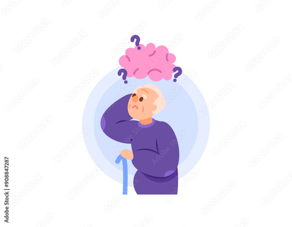 symptoms of dementia, Alzheimer's, amnesia, senile. illustration of a confused grandfather because he forgot. grandfather who forgets easily. memory disorders. flat style character design symptoms of dementia, Alzheimer's, amnesia, senile. illustration of a confused grandfather because he forgot. grandfather who forgets easily. memory disorders. flat style character design