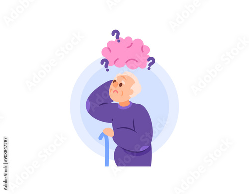symptoms of dementia, Alzheimer's, amnesia, senile. illustration of a confused grandfather because he forgot. grandfather who forgets easily. memory disorders. flat style character design