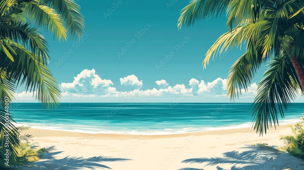 Fototapeta premium Palm Trees Frame a Tropical Beach Scene