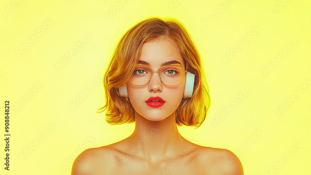 Portrait of fashion young girl in yellow tint light in the studio. Retro style. Portrait of fashion young girl in yellow tint light in the studio. Retro style.