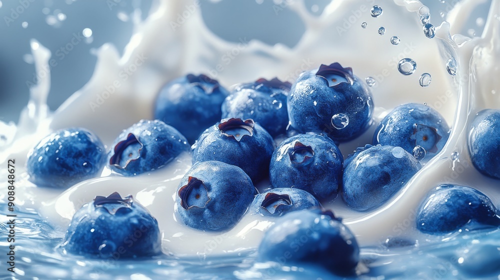 Blueberries Submerged in Milk with Splashing White Liquid Blueberries Submerged in Milk with Splashing White Liquid