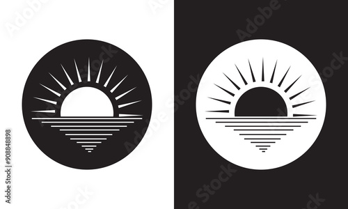 Sunrise icon set. Morning sunshine icon in sea sunset vector sign. Isolated on white and black background. EPS 10