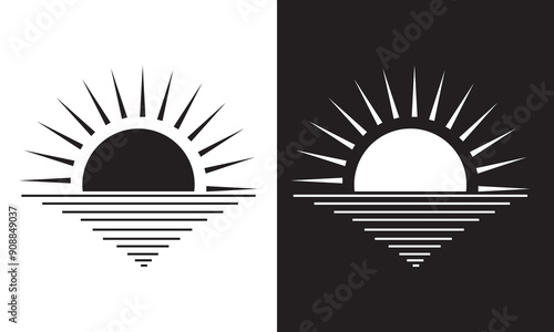 Sunrise icon set. Morning sunshine icon in sea sunset vector sign. Isolated on white and black background. EPS 10