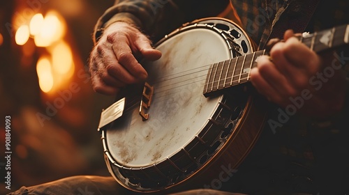 Close-up back view of a banjo player strumming, intricate details of the banjo and strings, background softly blurred with warm, earthy tones, natural light casting soft shadows, rustic and folk photo