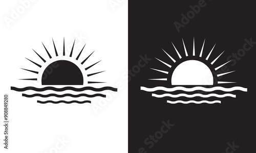 Sunrise icon set. Morning sunshine icon in sea sunset vector sign. Isolated on white and black background. EPS 10