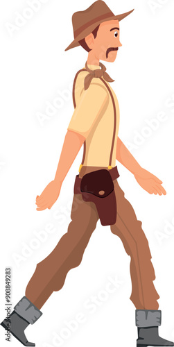Cowboy side view. Walking man in retro hat