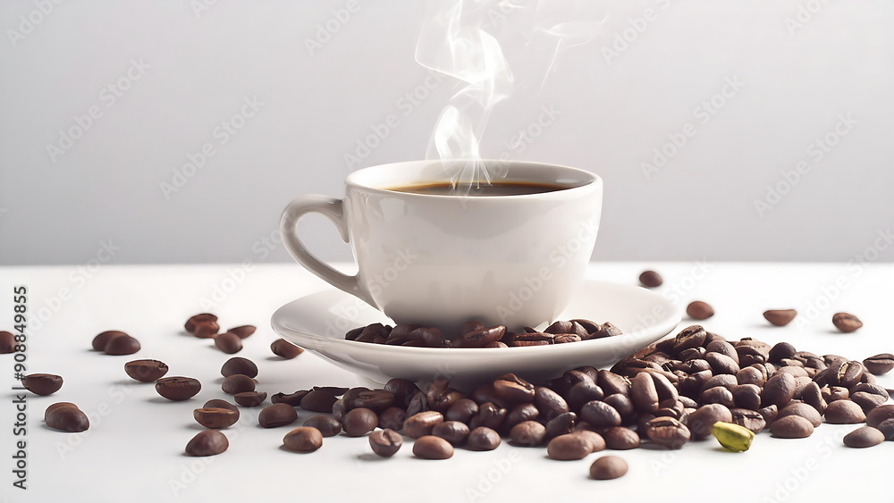 Steaming Cup of Coffee with Scattered Coffee Beans Steaming Cup of Coffee with Scattered Coffee Beans