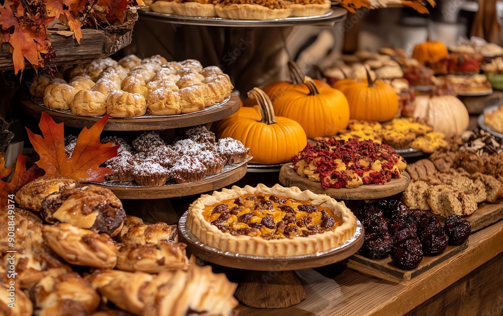 Obraz premium Assortment of Fall-themed baked goods and pumpkins on a table.