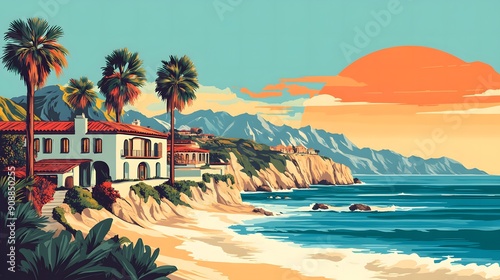 Coastal Villa Sunset. generative ai illustration.