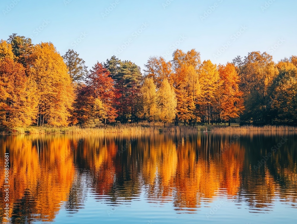 Obraz premium Vibrant autumn foliage reflected in a tranquil lake.