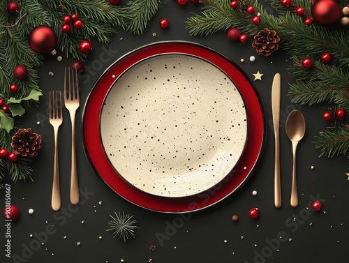 Festive table setting featuring a speckled plate surrounded by holiday decorations, perfect for Christmas dinner inspiration.
