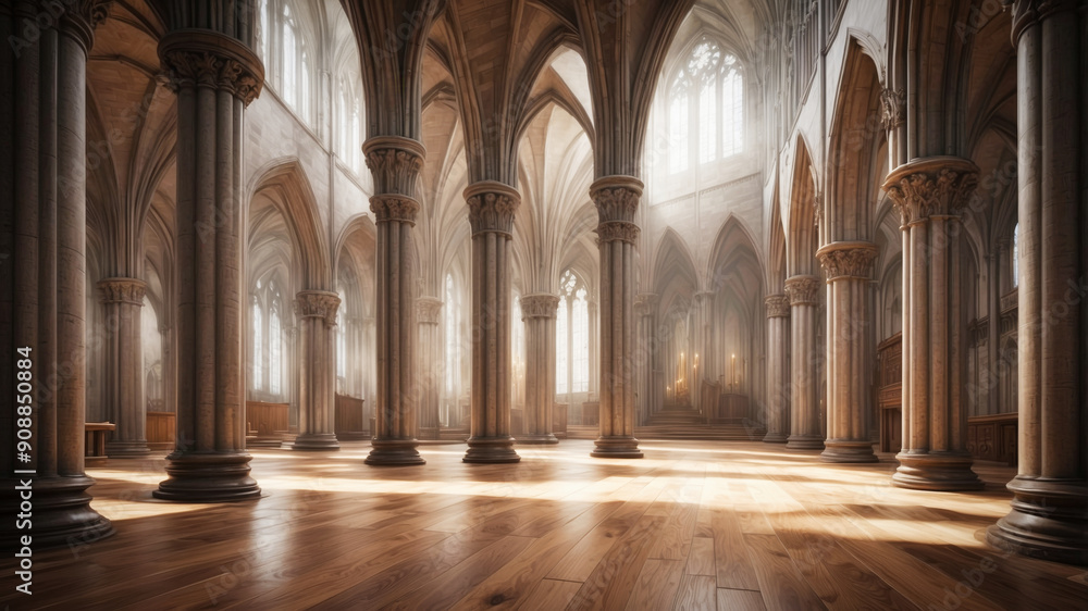 Inside of an ancient gothic cathedral with wooden floor and carved stone columns Inside of an ancient gothic cathedral with wooden floor and carved stone columns