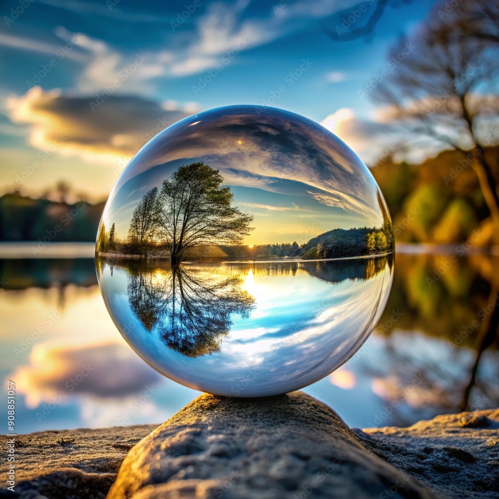 A glass sphere installed by a lake, depicting an inverted landscape of trees, water and sky. A glass sphere installed by a lake, depicting an inverted landscape of trees, water and sky.