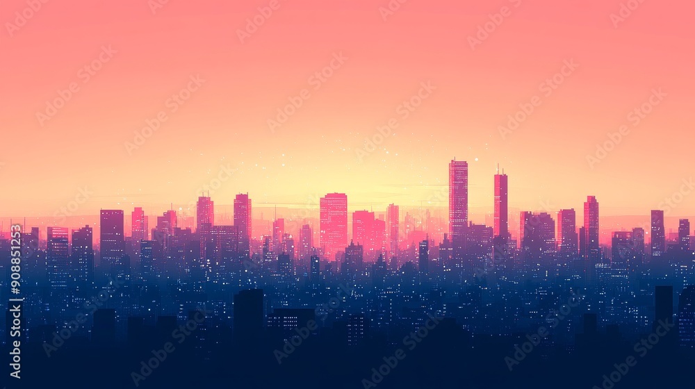 Cityscape Silhouette at Sunset with Pink and Blue Hues Cityscape Silhouette at Sunset with Pink and Blue Hues