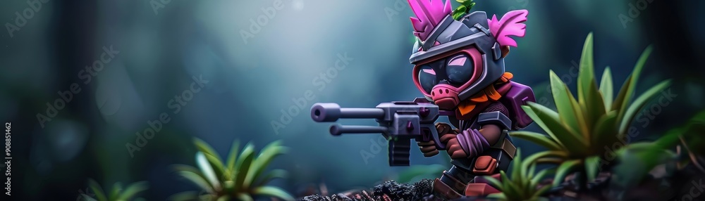 Cute pink warrior toy in a jungle setting with a futuristic weapon, surrounded by plants, showcasing vibrant colors and playful design. Cute pink warrior toy in a jungle setting with a futuristic weapon, surrounded by plants, showcasing vibrant colors and playful design.