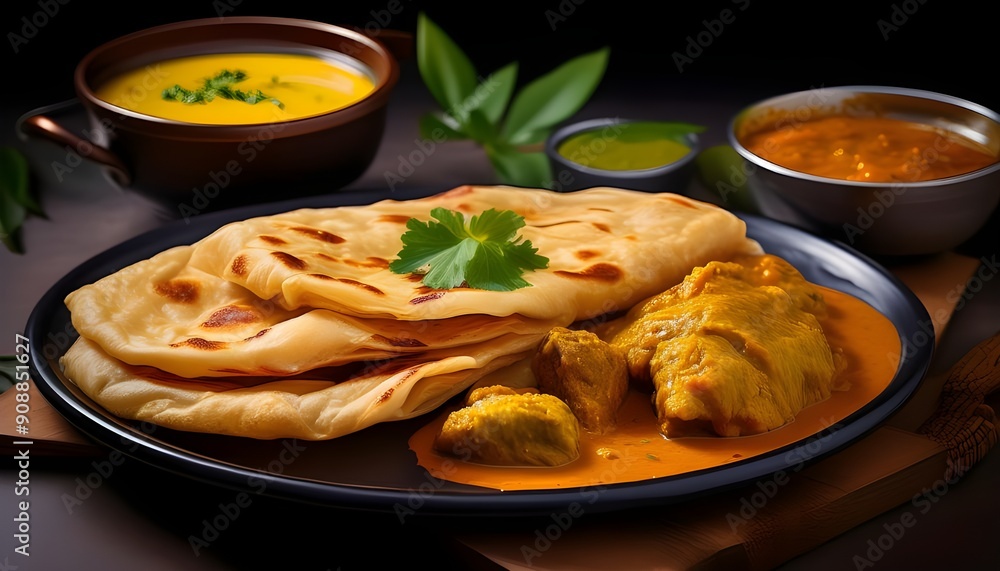 4 Roti Canai with Curry – Flaky, crispy roti canai paired with a hearty chicken or dhal curry, showcasing Malaysia’s beloved flatbread. 4 Roti Canai with Curry – Flaky, crispy roti canai paired with a hearty chicken or dhal curry, showcasing Malaysia’s beloved flatbread.