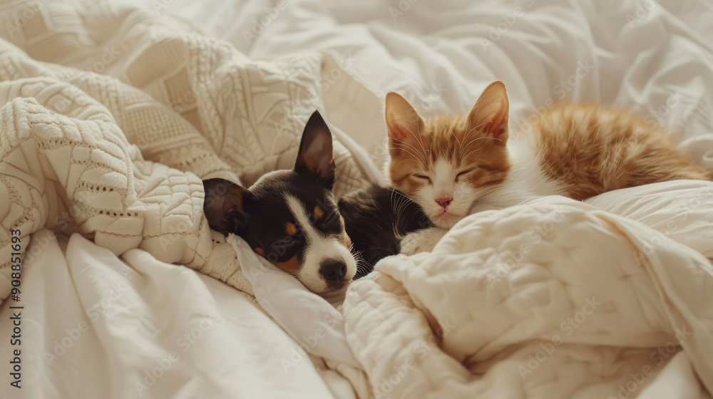 A puppy and a kitten cuddle together on white bedding, creating a heartwarming scene of interspecies friendship and coziness. A puppy and a kitten cuddle together on white bedding, creating a heartwarming scene of interspecies friendship and coziness.