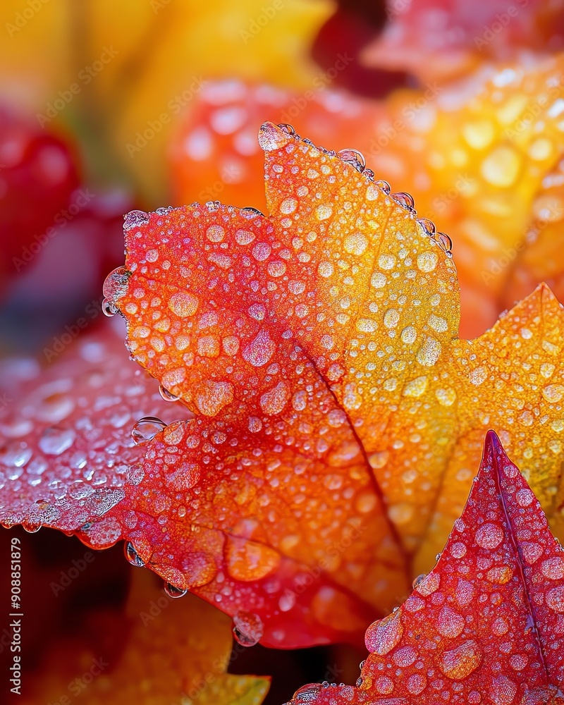 Close-up of vibrant autumn leaves covered in dew drops. Close-up of vibrant autumn leaves covered in dew drops.