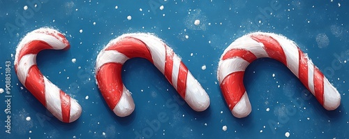 Three festive candy canes with red and white stripes against a snowy blue background, perfect for holiday-themed designs.
