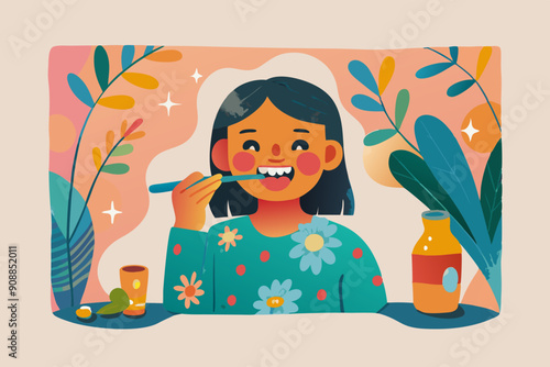 Happy Child Brushing Teeth with Colorful Background