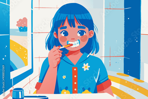 Happy Child Enjoying Brushing Teeth Cartoon Illustration