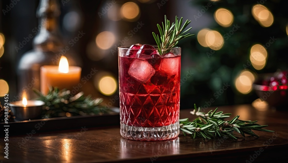 a sparkling cranberry cocktail with a sprig of rosemary on a festive bar counter at a holiday party a sparkling cranberry cocktail with a sprig of rosemary on a festive bar counter at a holiday party