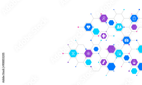 Medical background and healthcare technology with flat icons and symbols. Concept and idea for health care business, innovation medicine, health safety, science, medical research, and development.