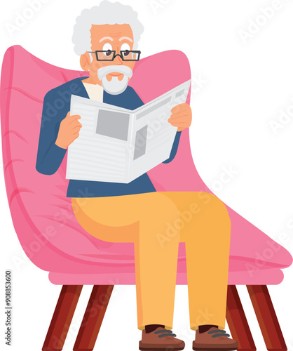 Senior man reading newspaper in soft chair. Home rest