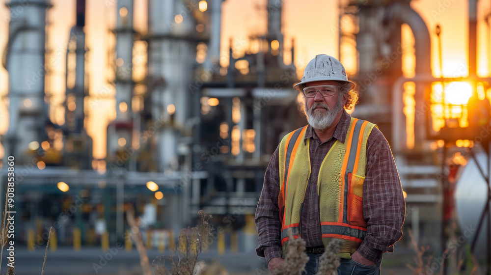 A worker in safety vest stands in front of a large petroleum industrial plant, use natural light. A worker in safety vest stands in front of a large petroleum industrial plant, use natural light.
