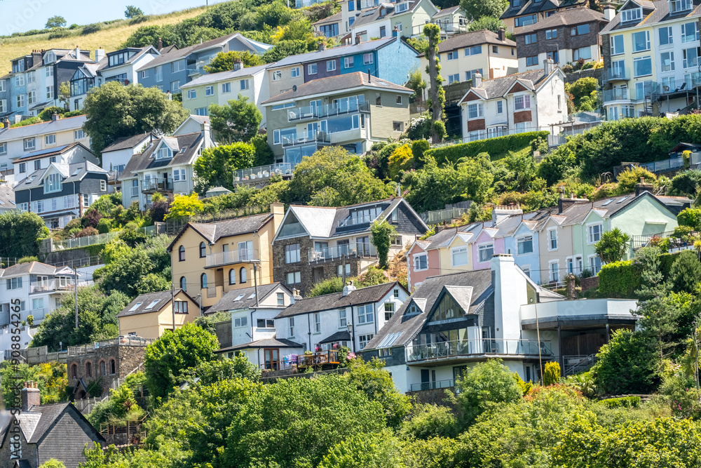 Fototapeta premium Hotels, guesthouses and B&Bs on the hillside on the side of the River Dart