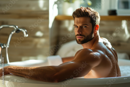 portrait of handsome muscular man sitting in a bathtub