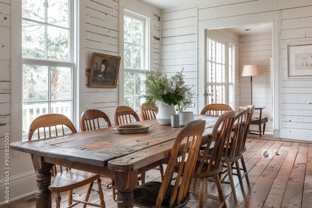 A farmhouse-style dining room with a table made of restored wood, A farmhouse-style dining room with a table made of restored wood,