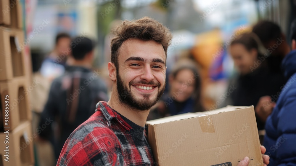 Young indian man volunteer holding donations box with a happy and cool smile on face. lucky person. . High quality photo Young indian man volunteer holding donations box with a happy and cool smile on face. lucky person. . High quality photo