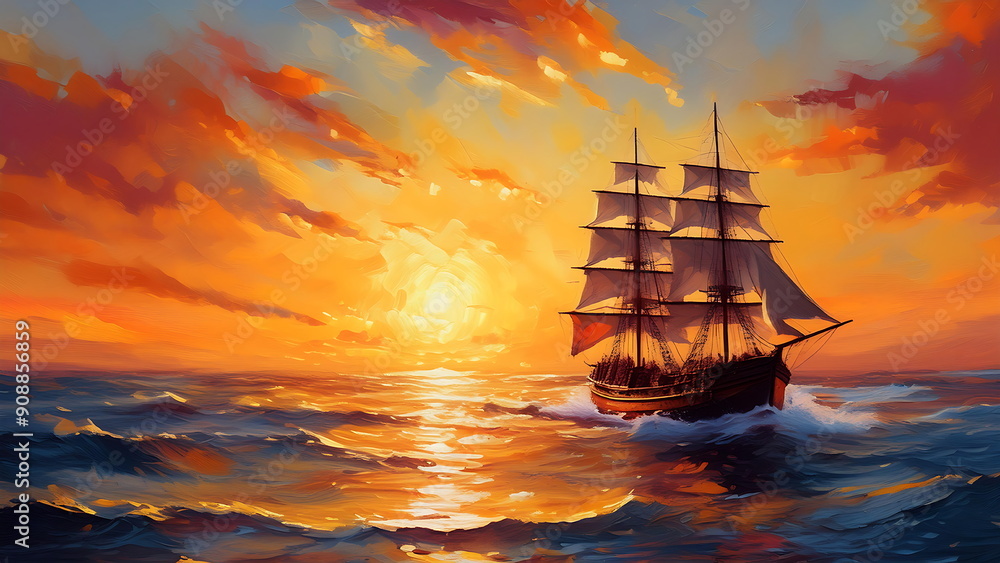 Fototapeta premium A Ship Sails into a Vibrant Sunset over a Rough Sea