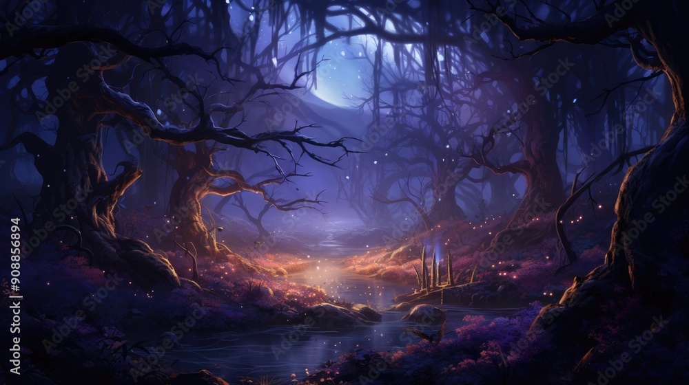 Obraz premium Mystical anime forest with glowing plants and ethereal lights
