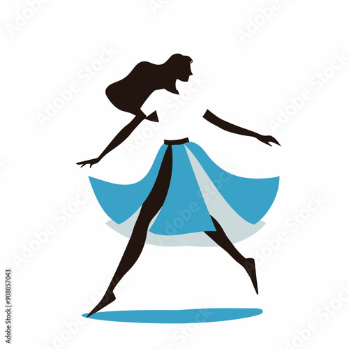 Elegant woman dancing in flowing blue skirt illustration