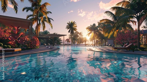 Tropical Paradise Pool at Sunset